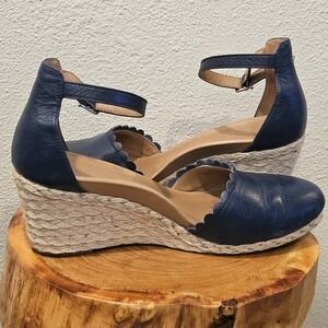 Vionic 9 Aruba Anna Leather Espadrilles Wedges Navy‎ Ankle Strap Closed Toe